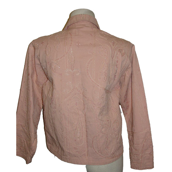 CHICO'S Size S (0) Pink Cotton Beaded Embroidery Button Front LS Jean Jacket - Picture 6 of 11
